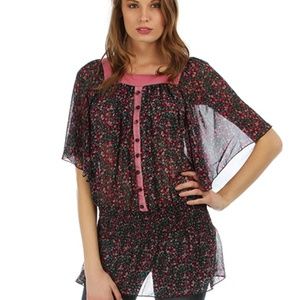 ROSE MAGENTA SHEER SQUARE NECK FLORAL PRINT TOP